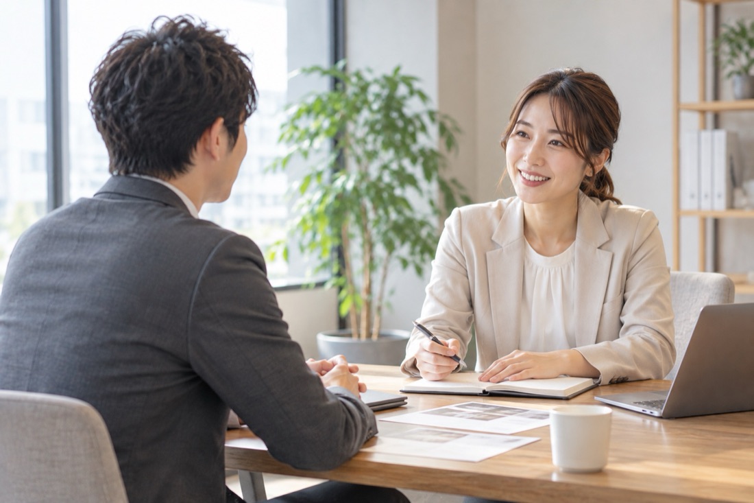 明るいオフィスで、相談に来た男性の話を笑顔で聞きながらメモを取る女性