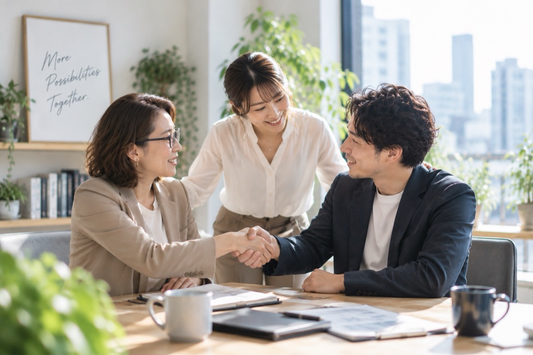 明るいオフィスで、紹介を受けた経営者同士が笑顔で握手を交わす様子