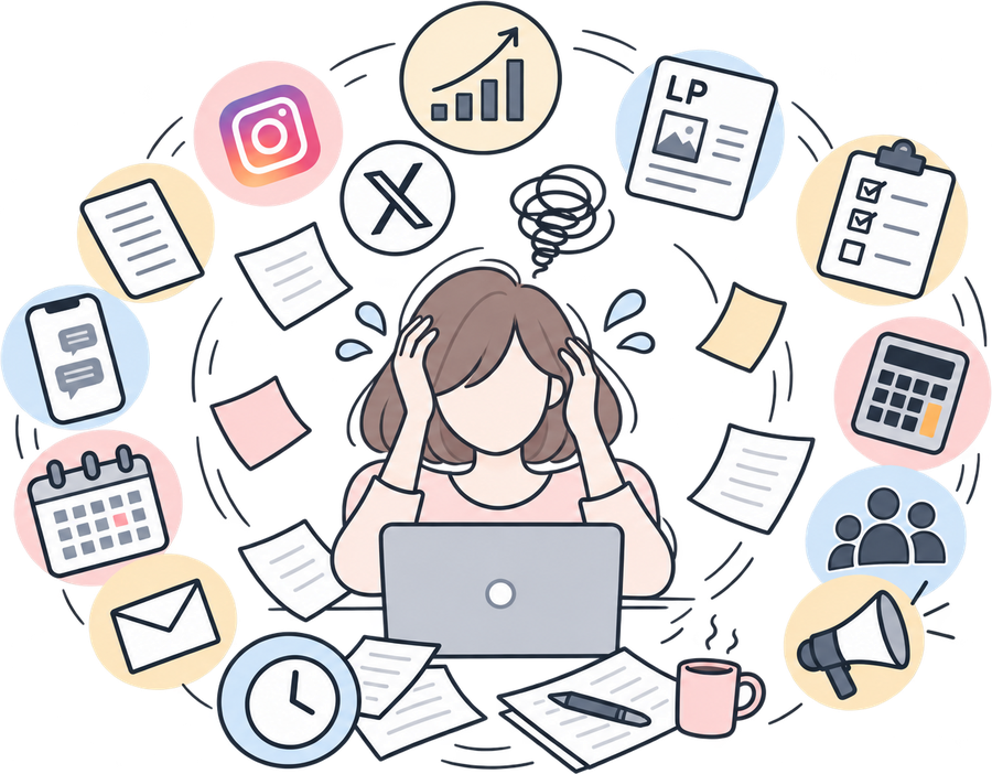 SNS、LP、メール、予定表、数字の管理など、たくさんの集客の作業に囲まれて頭を抱える女性のイラスト