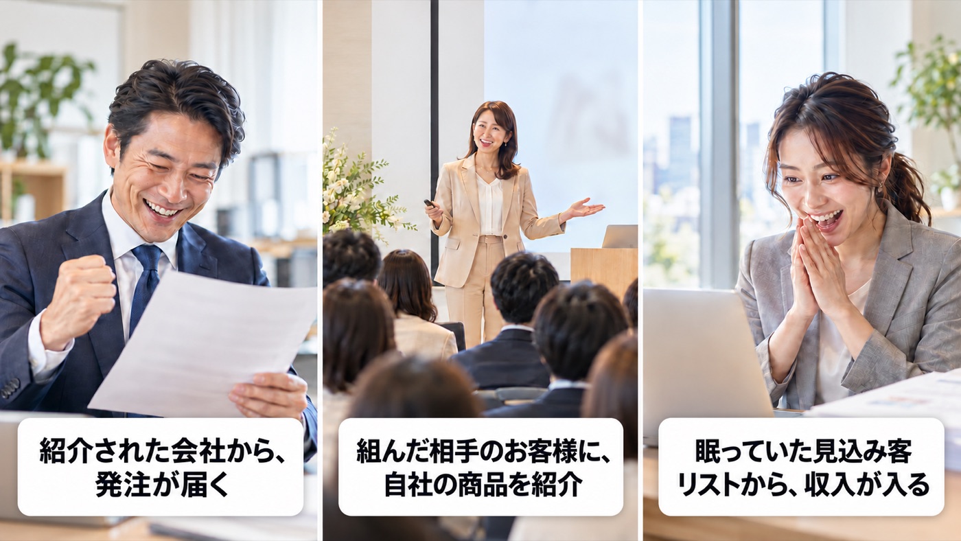 紹介された会社から発注が届く／組んだ相手のお客様に自社の商品を紹介／眠っていた見込み客リストから収入が入る