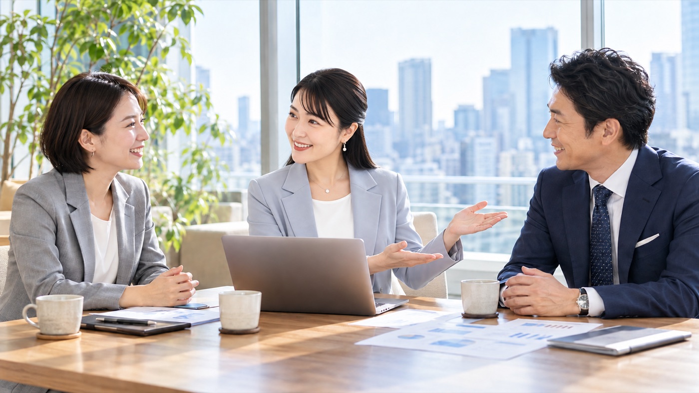 あいだに入った人が、初めて会う二人の経営者をそれぞれ紹介している打ち合わせ