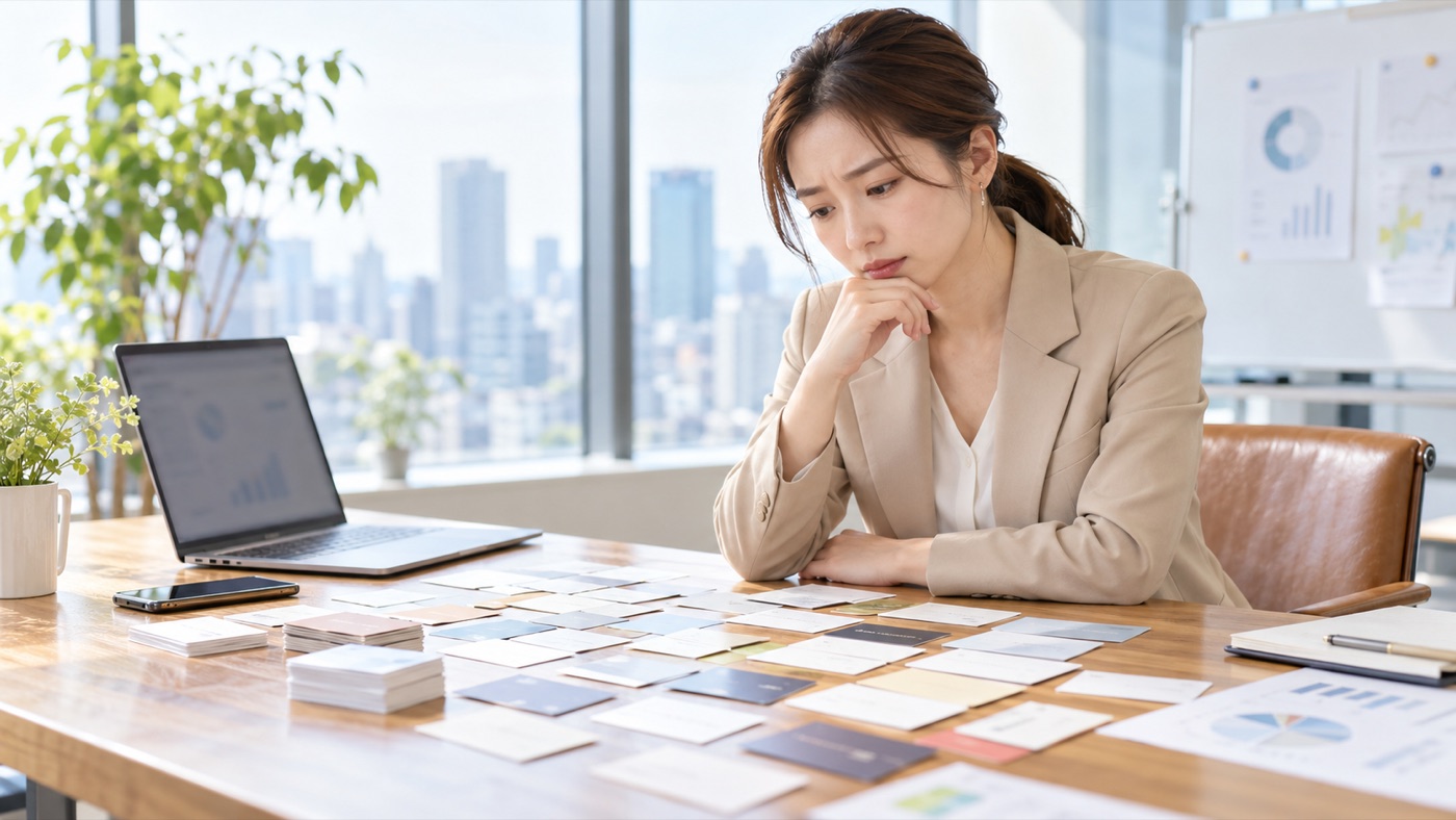 机に広げたたくさんの名刺を見つめて考え込む経営者